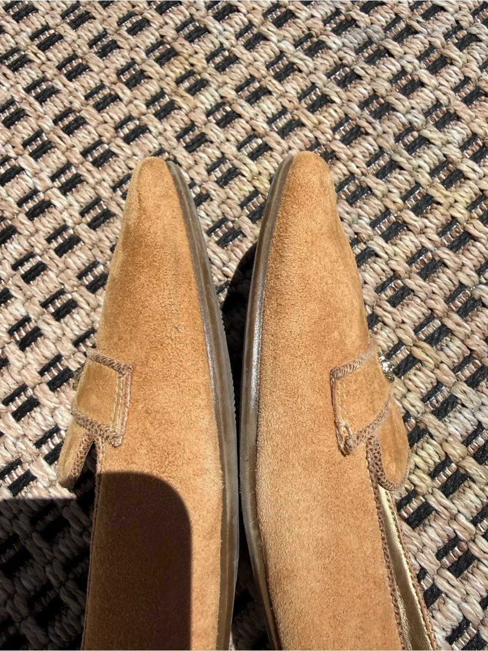 Anne Klein tan Camel Suede Slip-On Loafers with gold crest luxury